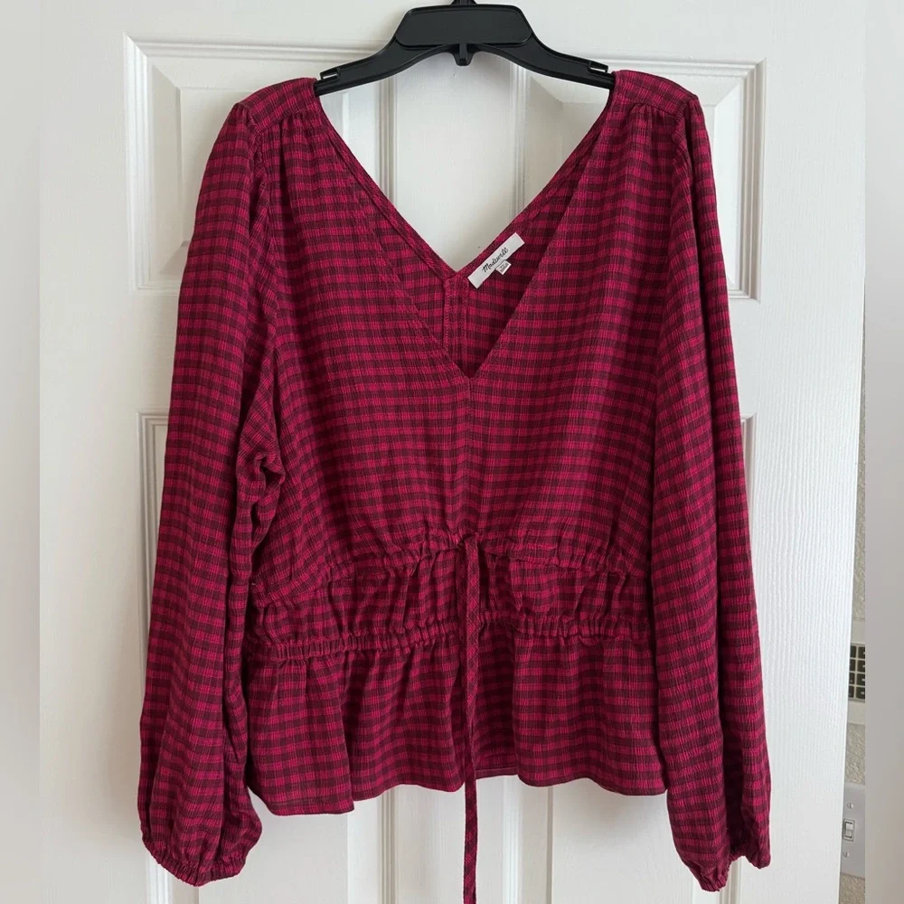 Madewell Crinkled V-Neck Peplum Top in Plaid-like new condition, size XL - Picture 6 of 12